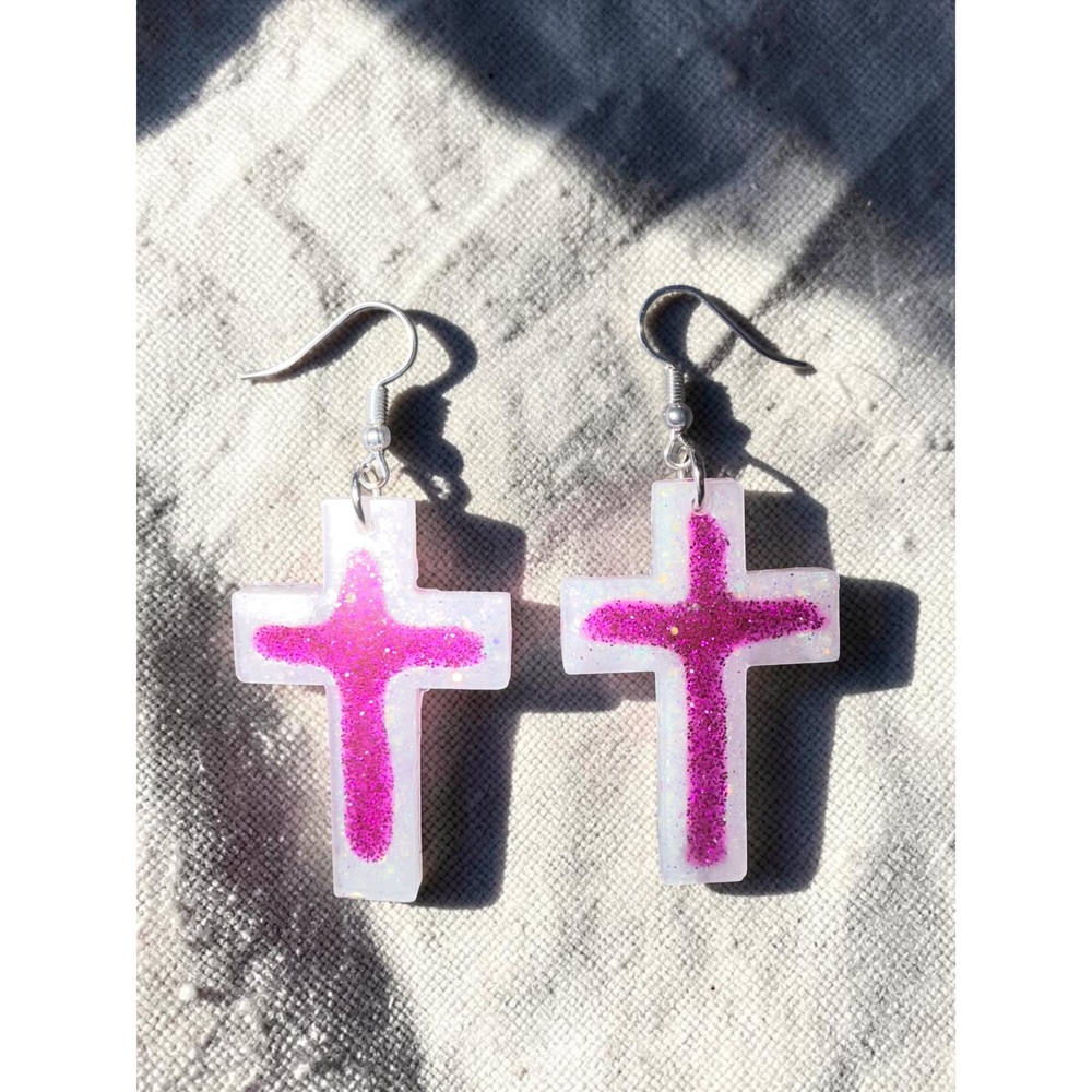 Handmade Pink Ombre Cross Earrings - Picture 9 of 9